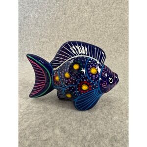 Mexican Pottery Fish Sculpture Hand Painted Terra Cotta Folk Art Cobalt Blue‎